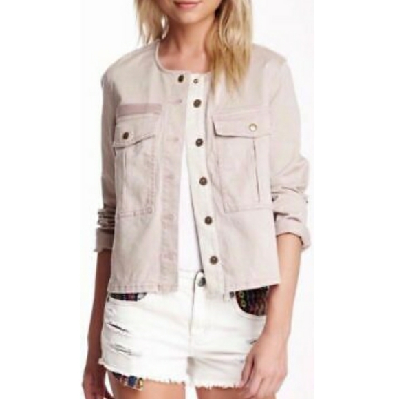 FREE PEOPLE LOU CROPPED MILITARY JACKET ELBOW PATCH DISTRESSED BLUSH M